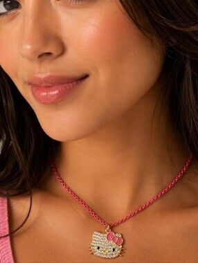 Hello Kitty By Sanrio Pave Crystal Pendant Charm On Hot Pink Chain Necklace